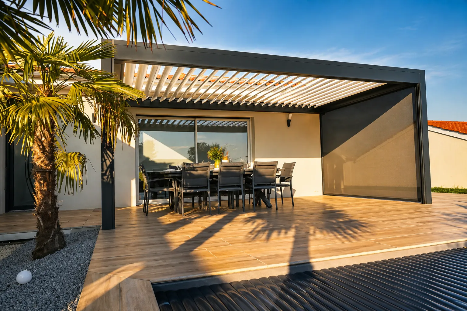 Pergola bioclimatique — détail intégration