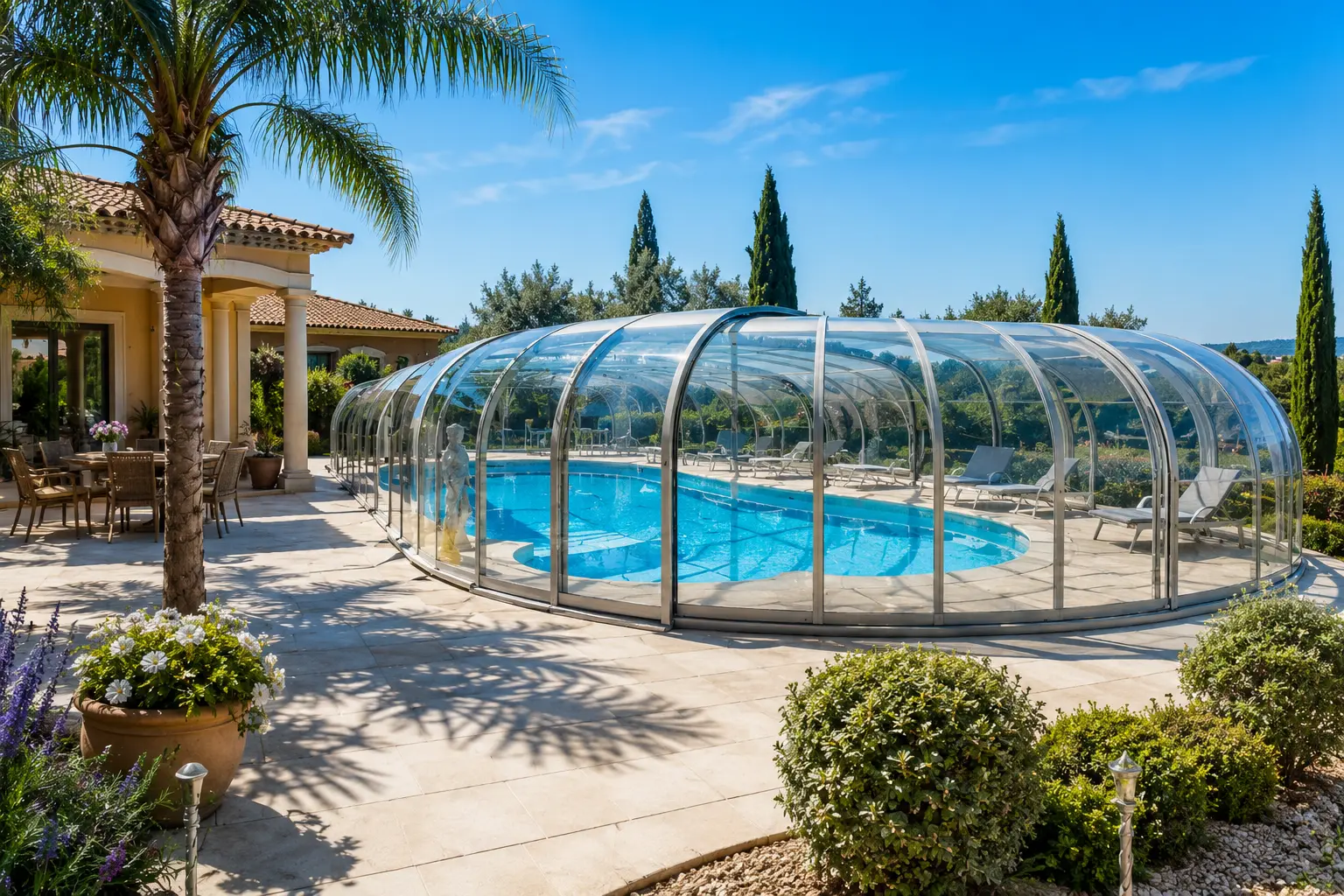Abri de piscine haut rotonde — réalisation Cintral
